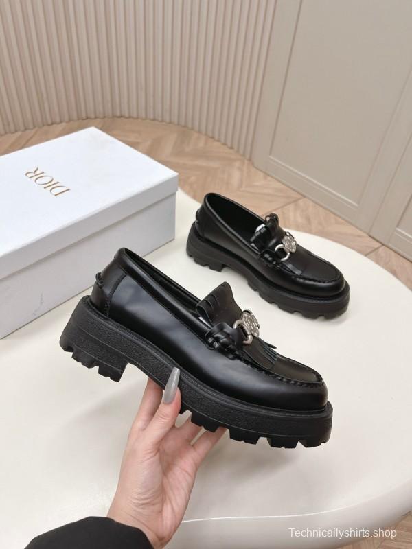 2025 Women Dior Black Leather Loafers KFY00350