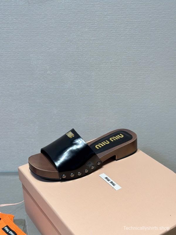 2025 Women Miu Miu Black Leather Slippers