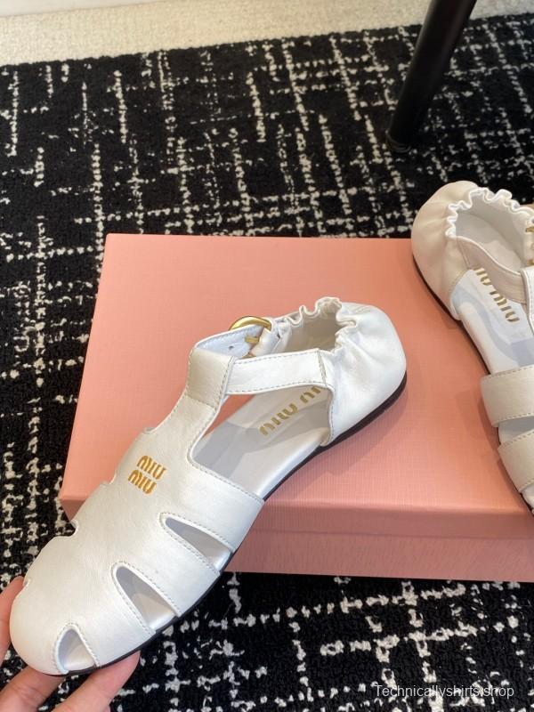 2025 Women Miu Miu White Calf Leather Flat Sandals