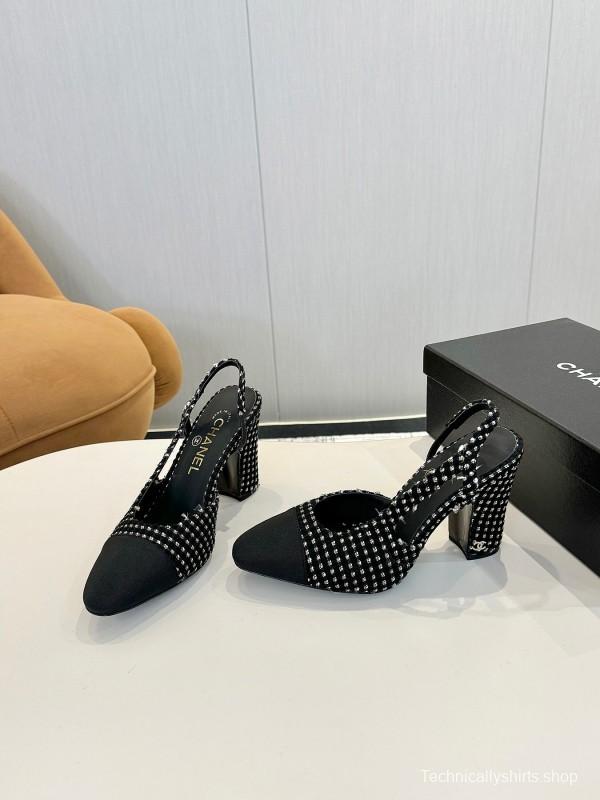 2025 Women Chanel Black White Tweed Leather Slingback Pumps