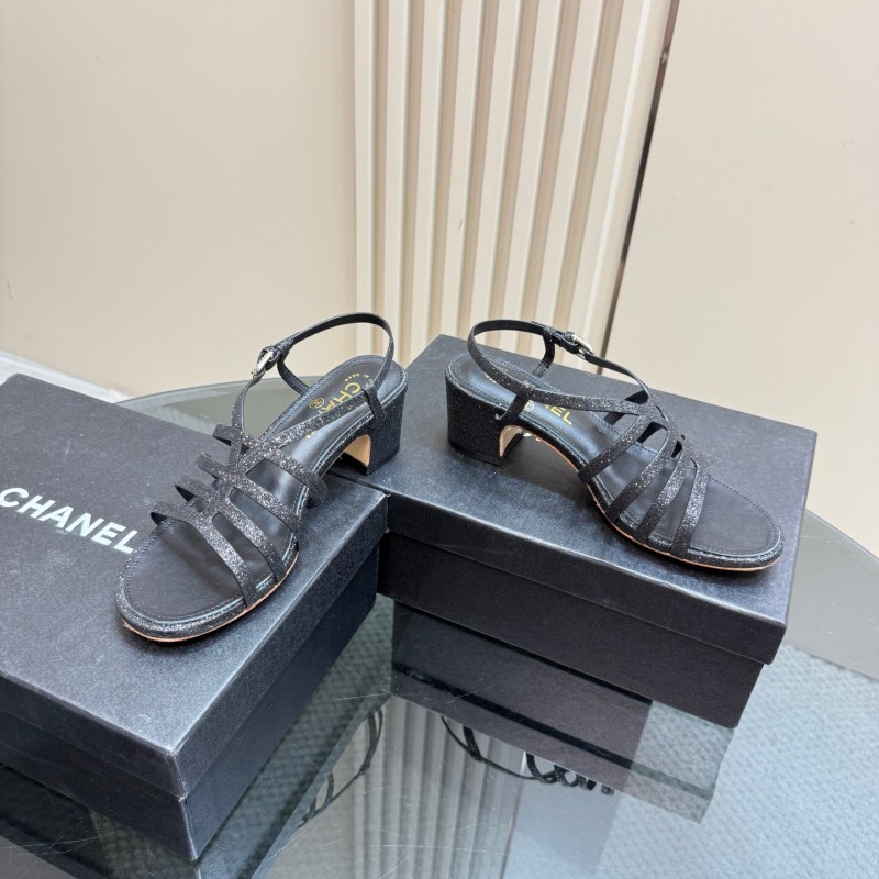 2025 Women Chanel Black Leather Sandals KFY00290