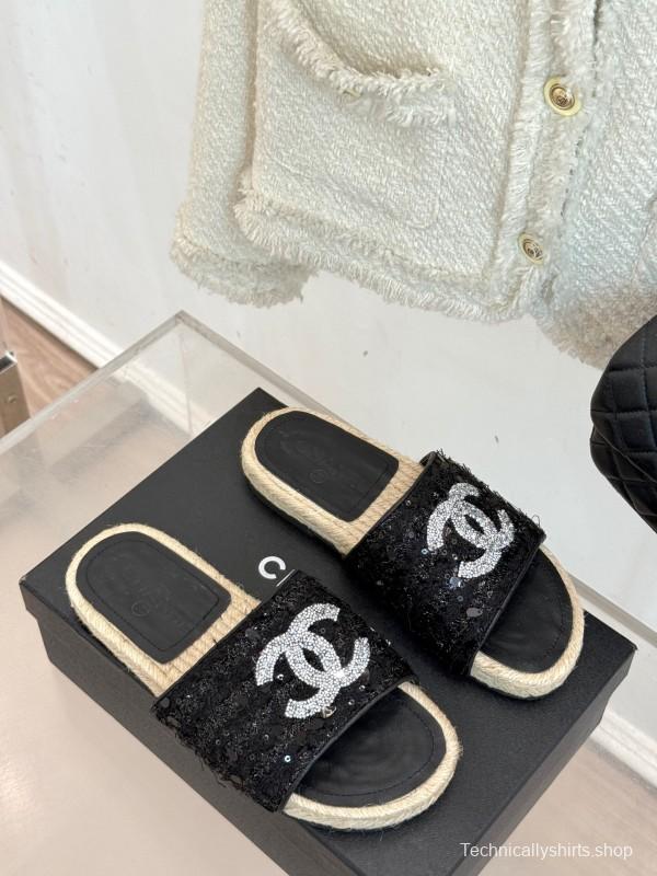 2025 Women Chanel Black Sequin Espadrille Slides Classic Double C Logo Handmade Braided Sole KFY00240(F)