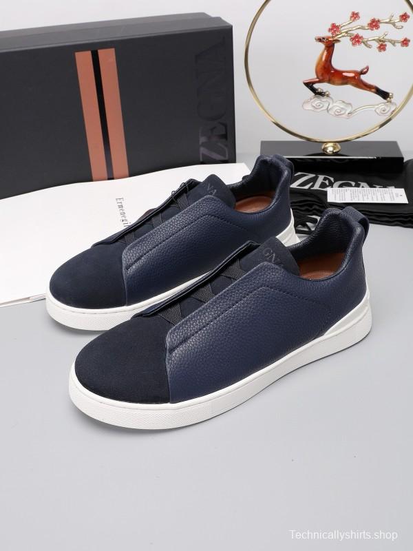 2024 Men Ermenegildo Zegna Navy Blue Leather Suede Low Top Sneakers MJ00240