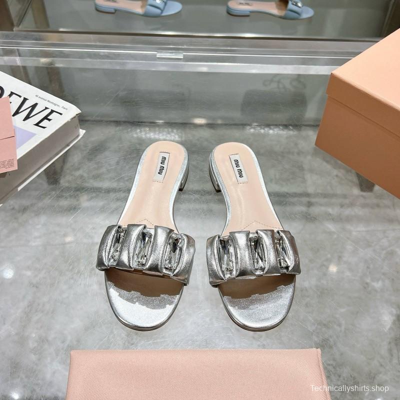 2025 Women Miumiu Silver Metallic Leather Slippers