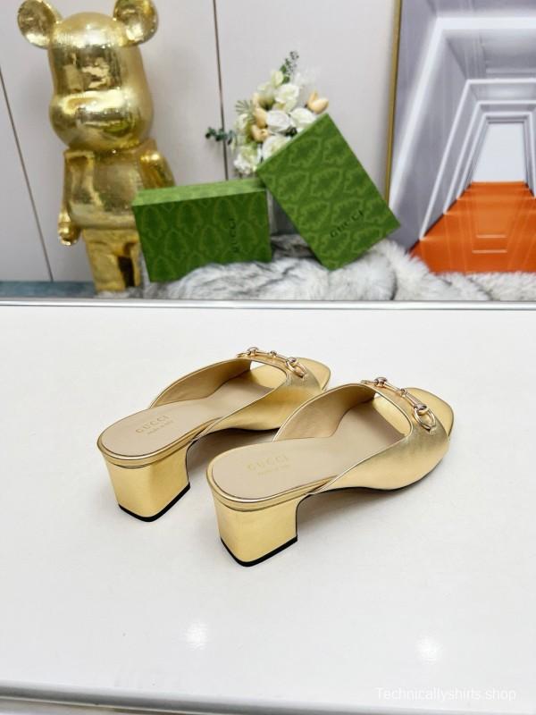 2025 Women Gucci Gold Leather Heeled Slip-On Horsebit MJ00180