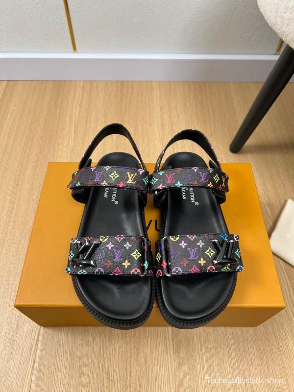 2025 Women Louis Vuitton Black Multicolor Canvas Sandals
