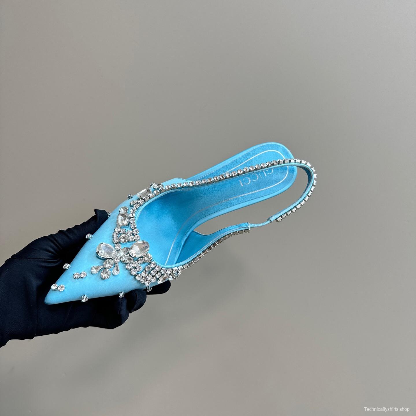2025 Women Gucci Blue Silk Crystal Embellished Slingback High Heel KFY00340