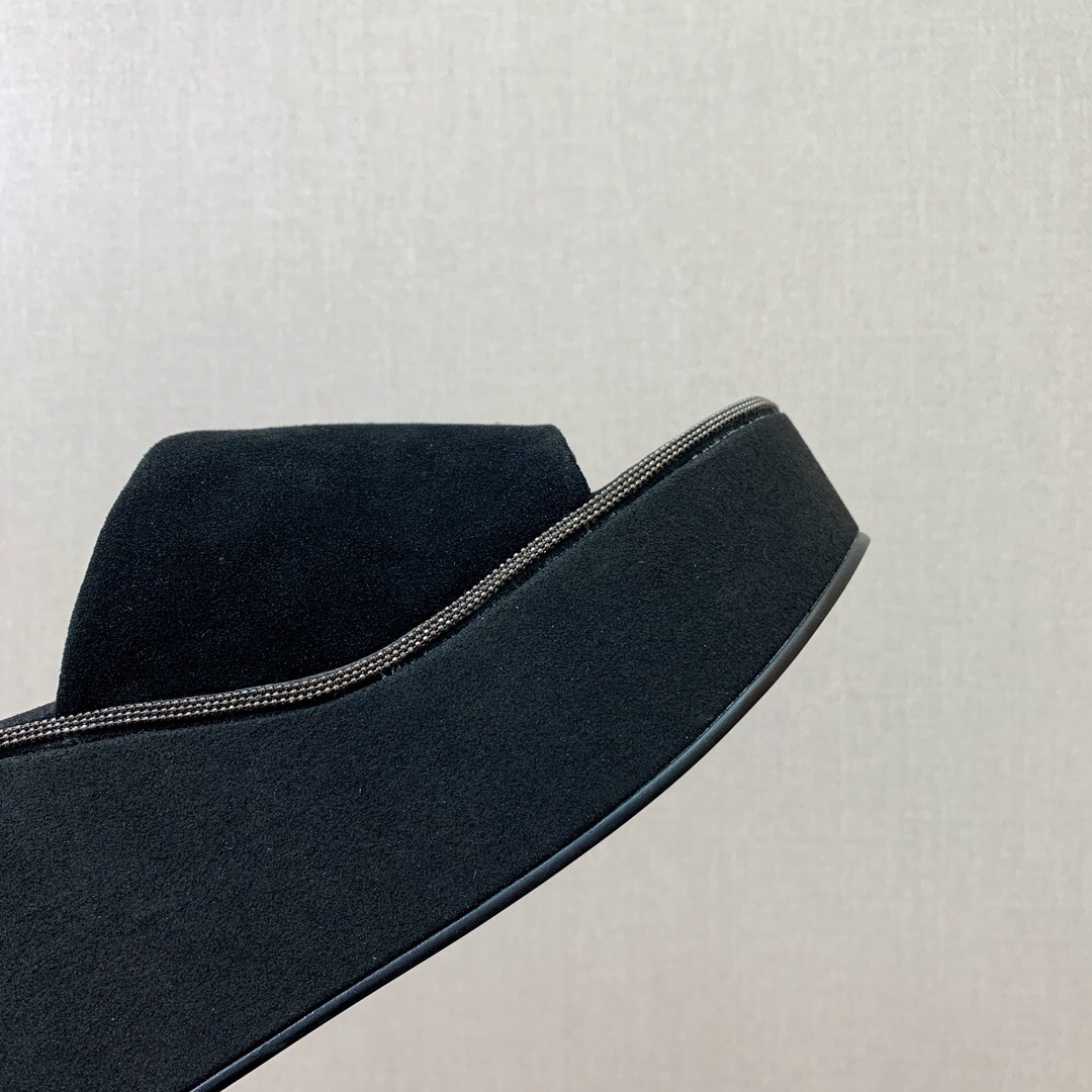 2025 Women BRUNELLO CUCINELLI Black Suede Platform Slide Sandals Casual Craftsmanship KFY00275(F)