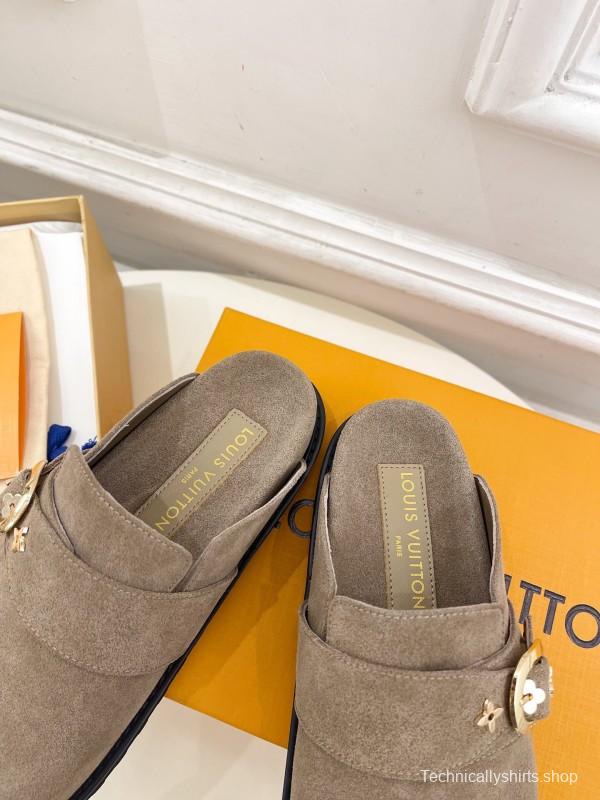 2025 Women Louis Vuitton Brown Suede Slippers Flower Buckle KFY00300