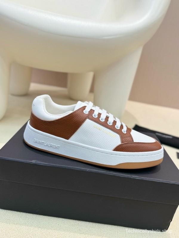 2024 Unisex Yves Saint Laurent White Brown Leather Canvas Sneakers MJ00350