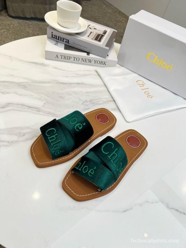 2025 Women Chloé Green Velvet Slippers