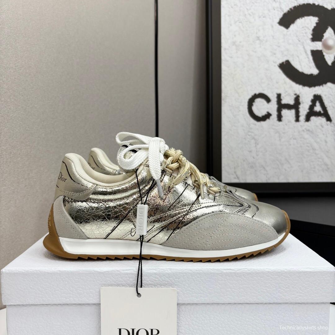 2025 Women Dior Silver Leather Running Shoes LY00300