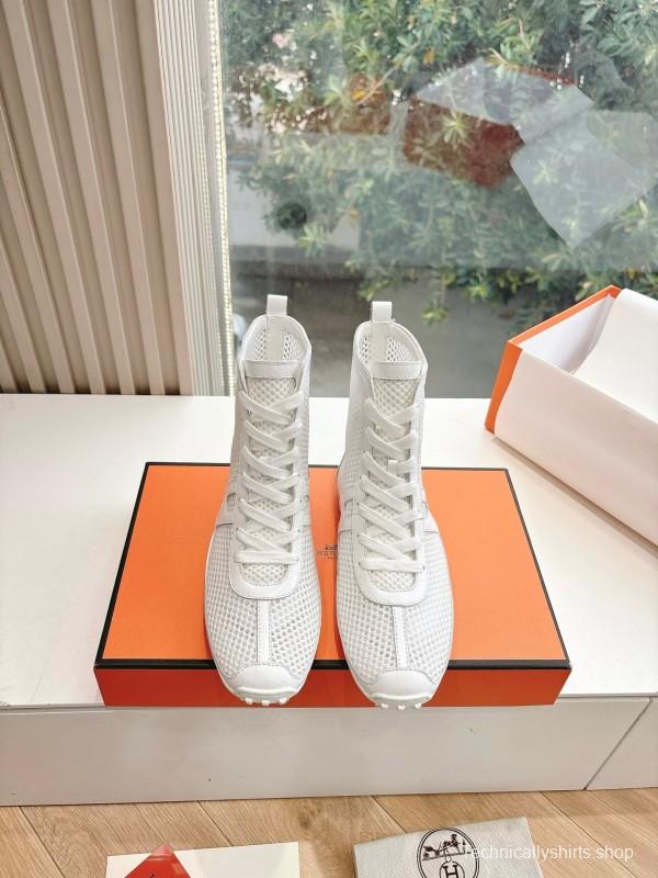 2025 Women Hermès White Leather Mesh Ankle Boots