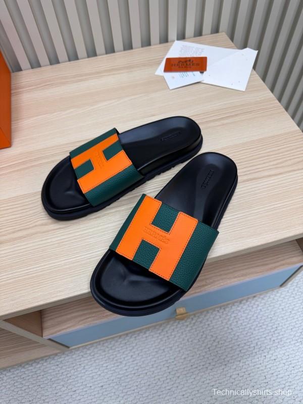2025 Hermès Green Orange Leather Slippers