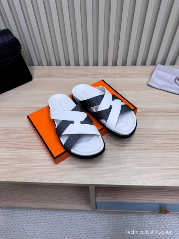 2025 Men Hermès White Black Leather Slippers