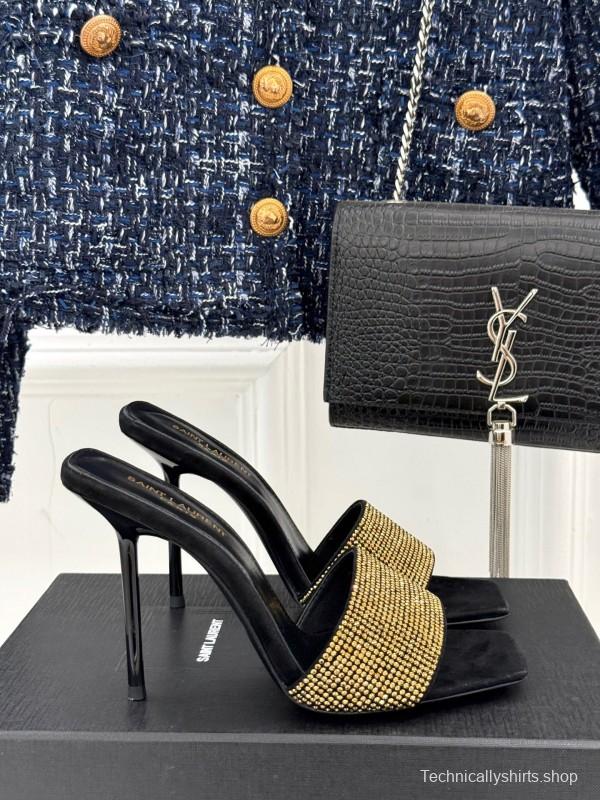 2025 Women Yves Saint Laurent Black Gold Leather High Heel Slip-On LY00300