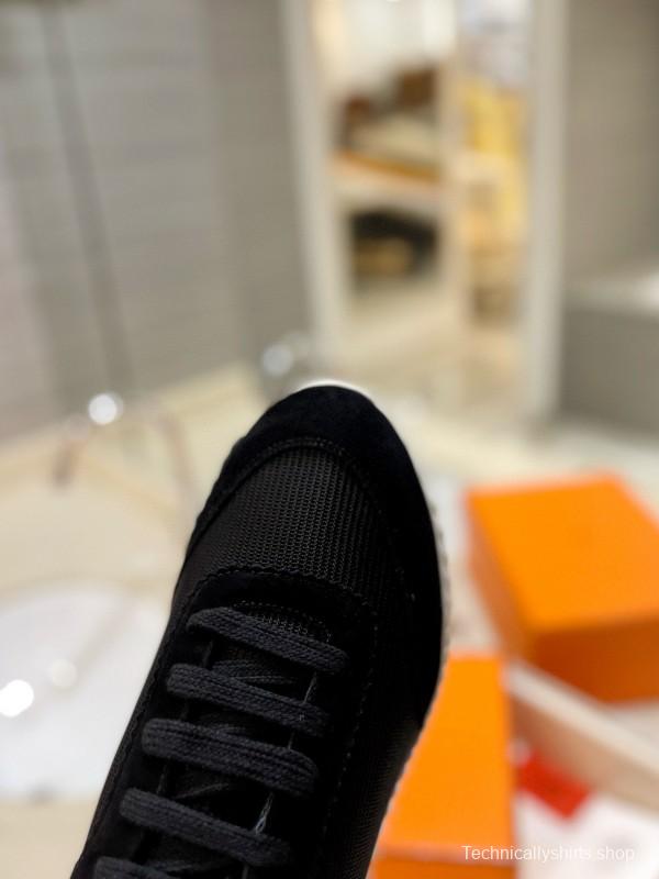 2024 Unisex Hermès Black Imported Silk Calfskin Raincloth Casual Sneakers MJ00320