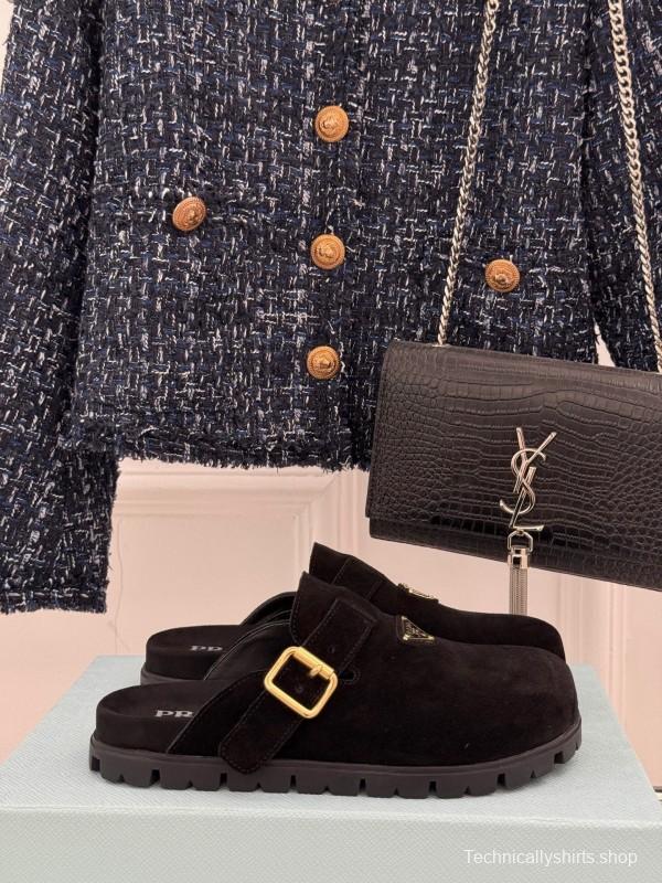2025 Women Prada Black Suede Slippers
