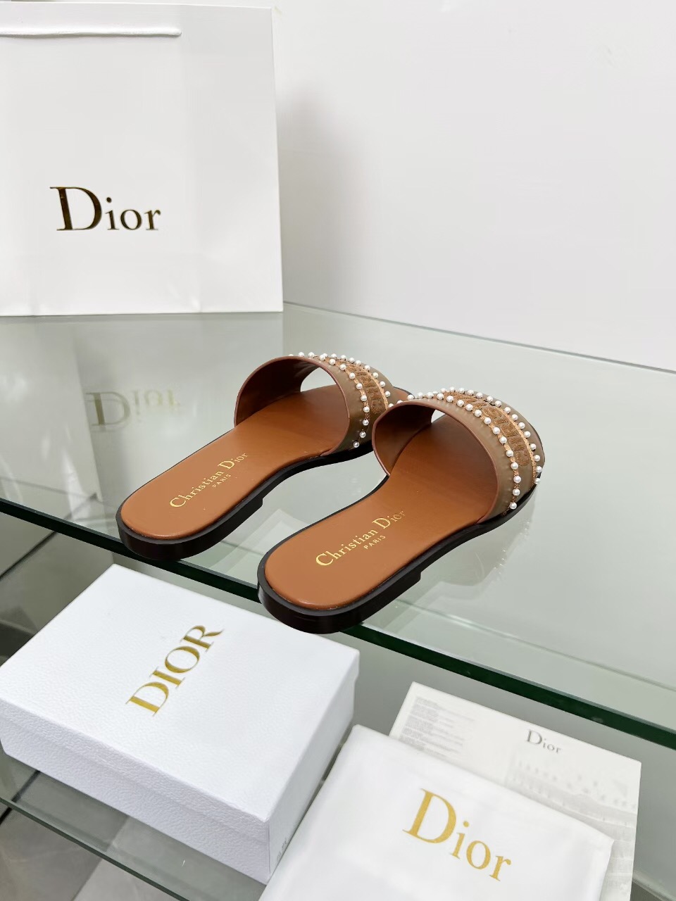 2025 Slippers Dior Brown Leather Women Slide Pearl LY00190