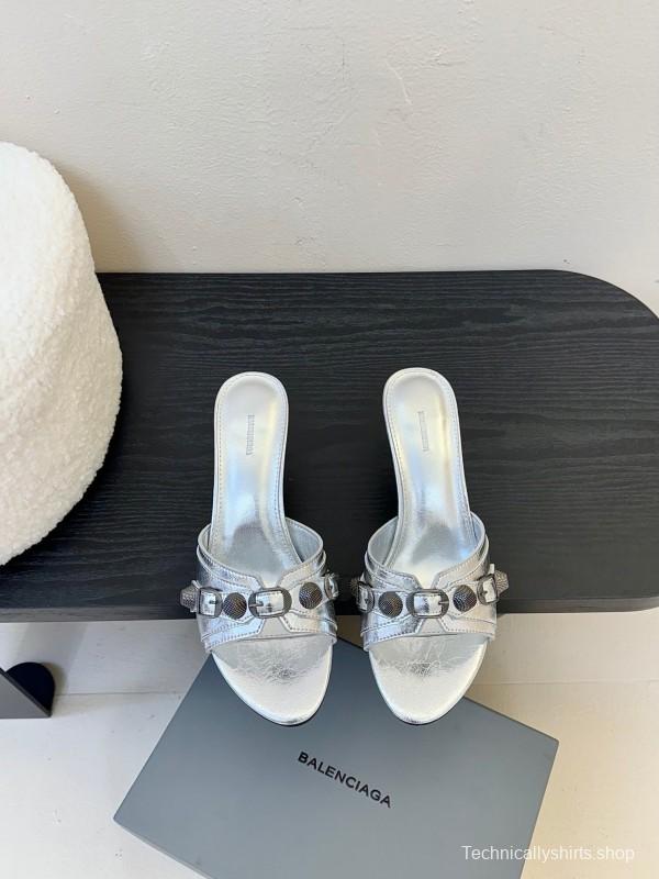 2025 Women Balenciaga Silver Leather High Heel Mules