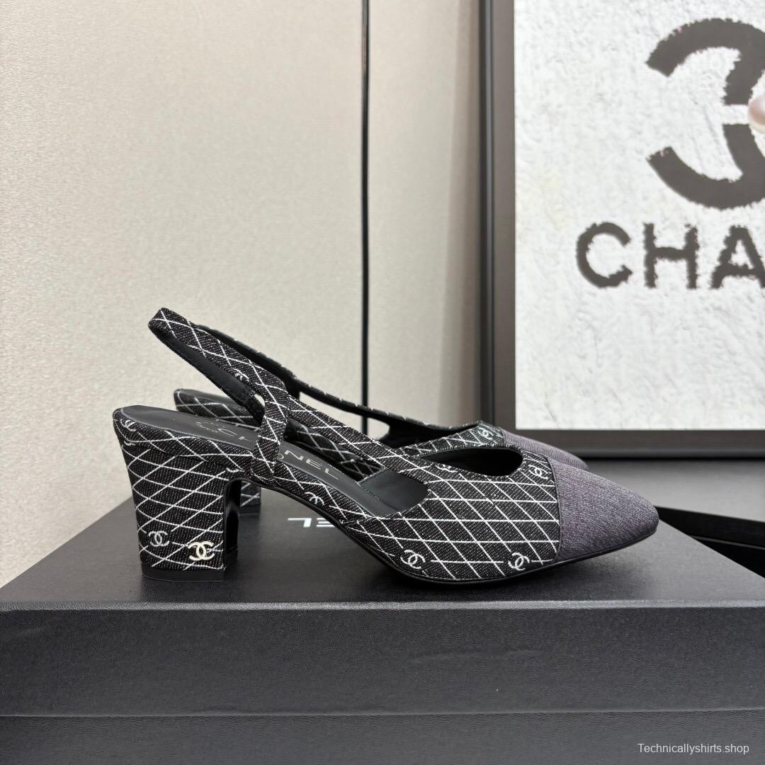 2025 Women Chanel Black White Fabric Slingback Heel LY00240