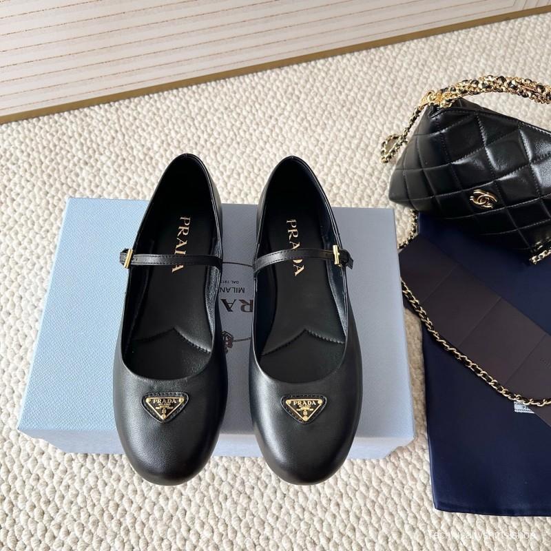 2025 Women Prada Black Leather Mary Jane Flat