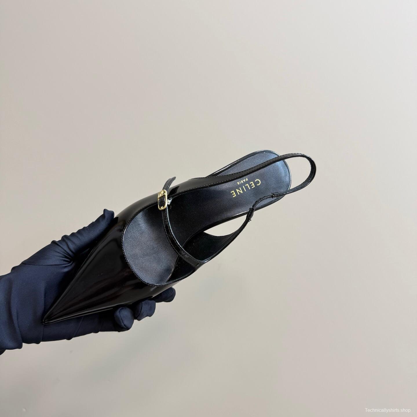2025 Women Celine Black Patent Leather Slingback Pointed Toe Heels KFY00310