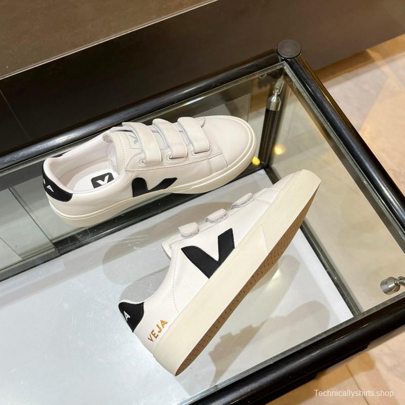 2025 Unisex VEJA White Black Leather Canvas Sneakers Velcro MJ00240(W/M)