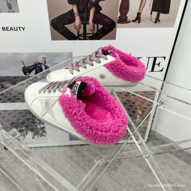 2025 Women GGDB White Pink Shearling Leather Sneakers