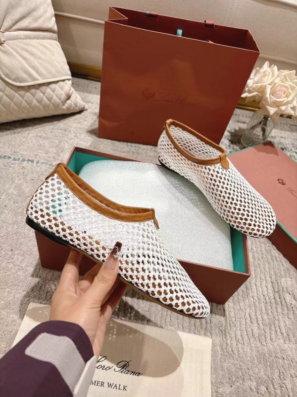 2025 Women LP White Brown Leather Mesh Ballet Flats