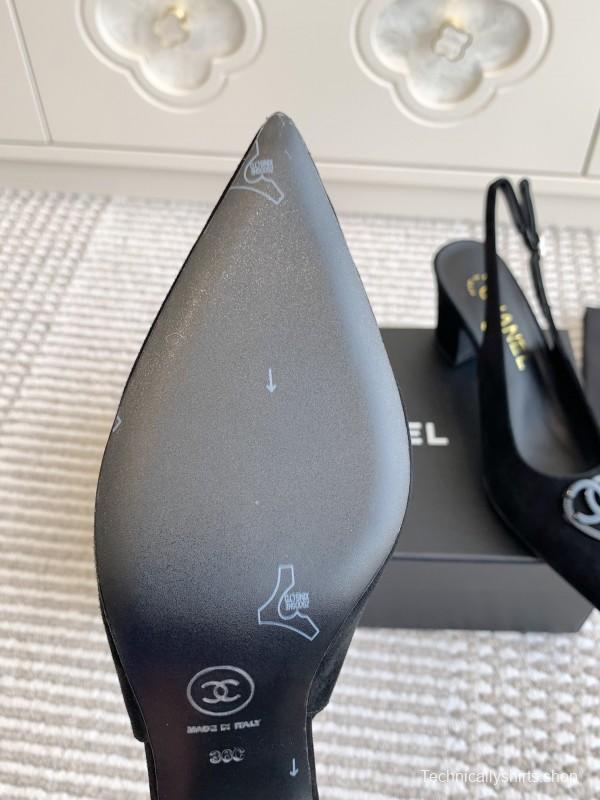 2025 Women Chanel Black Suede Slingback Heels CC Logo KFY00300