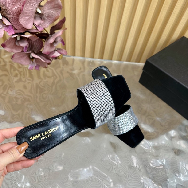2025 Women Yves Saint Laurent Black Crystal Fabric High Heel Sandals MJ00300