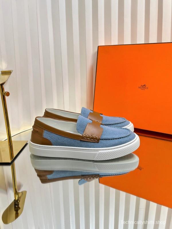 2025 Women Hermès Blue Brown Leather Canvas Loafer LY00310