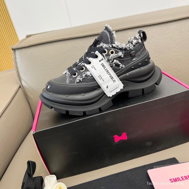 2025 Women SmileRepublic Black Tweed Leather Canvas Chunky Sneakers LY00291
