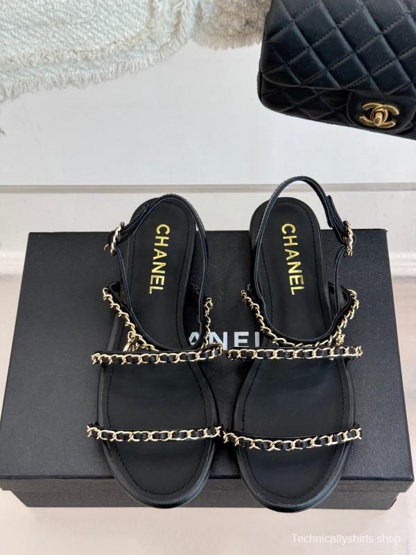 2025 Women Chanel Black Leather Slingback Sandals Chain KFY00270