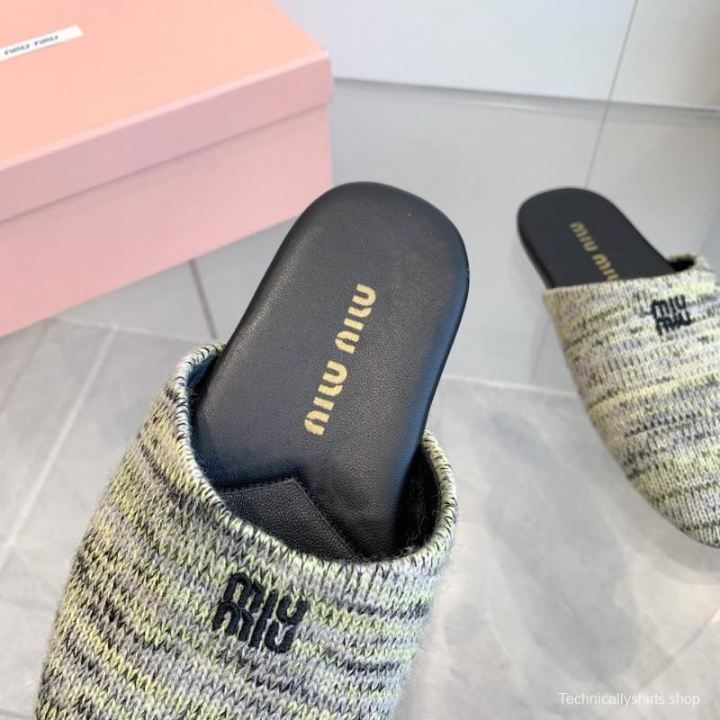 2025 Miu Miu Grey Black Fabric Slippers
