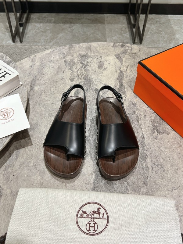 2025 Women Hermès Black Leather Sandals