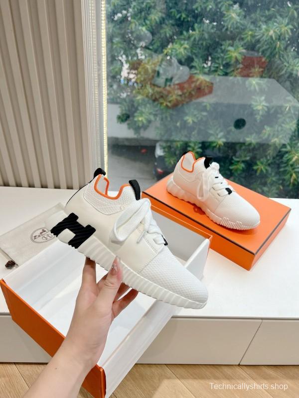 2024 Unisex Hermès White Black Orange Calf Suede Sneakers MJ00290