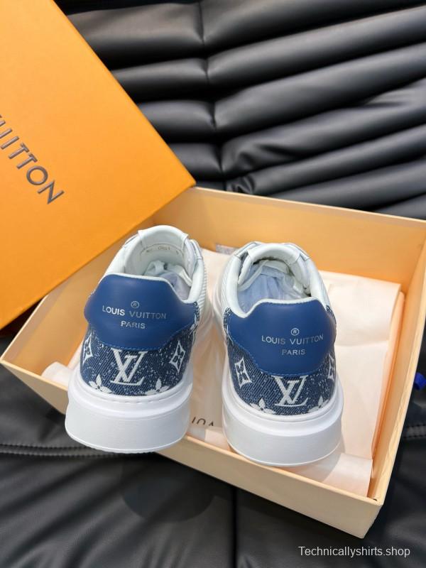 2024 Men Louis Vuitton White Blue Mesh Leather Sneakers MJ00400