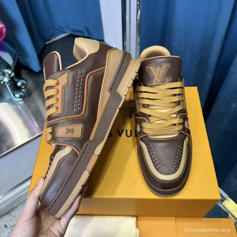 2025 Unisex Louis Vuitton Brown Beige Leather LV Trainer