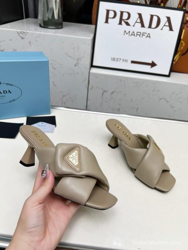 2025 Women Prada Beige Leather High Heel Sandals