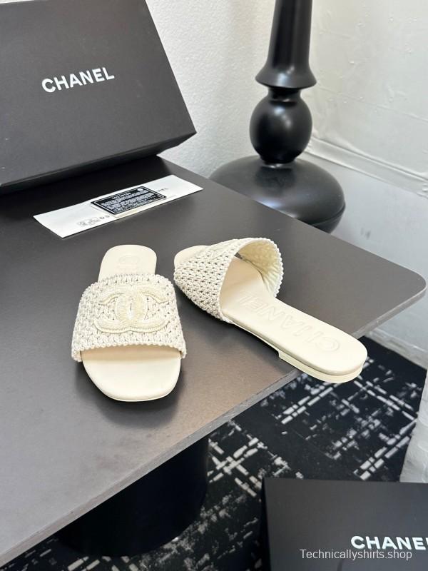 2025 CHANEL White Knit Leather Slippers LY00250