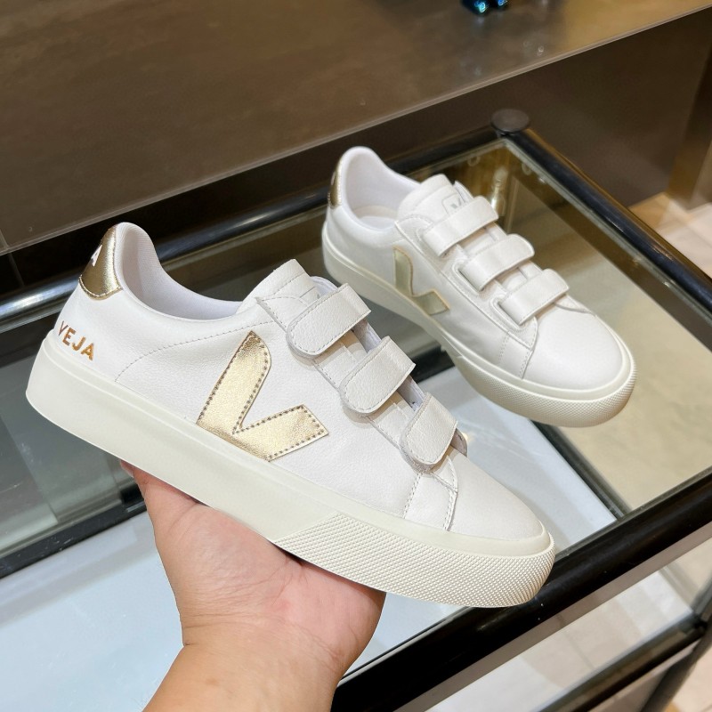 2025 Women VEJA White Gold Leather Strap Sneakers