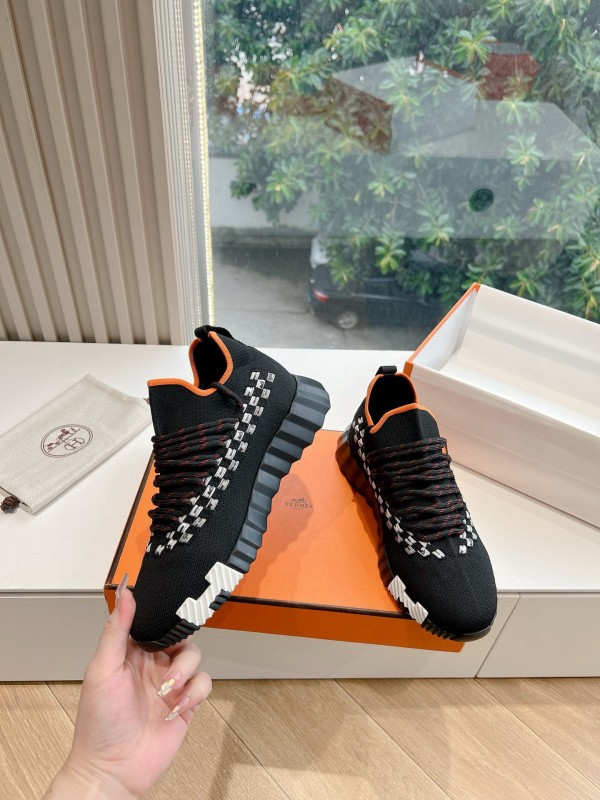 2024 Unisex Hermès Black Orange Calf Suede Knit Sneakers MJ00290(W/M)