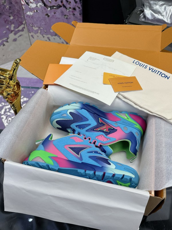 2025 Men Louis Vuitton Blue Pink Green Mesh Leather Sneakers MJ00420