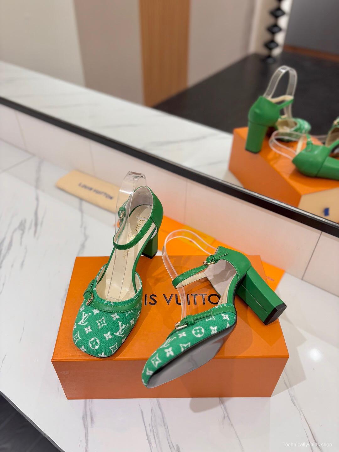 2025 Women Louis Vuitton Green White Denim Pumps LV Buckle KFY00310