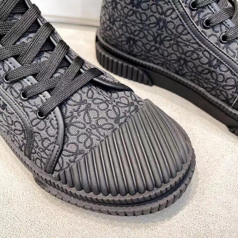 2025 Women Loewe Black Fabric Leather High-Top Sneakers LY00291