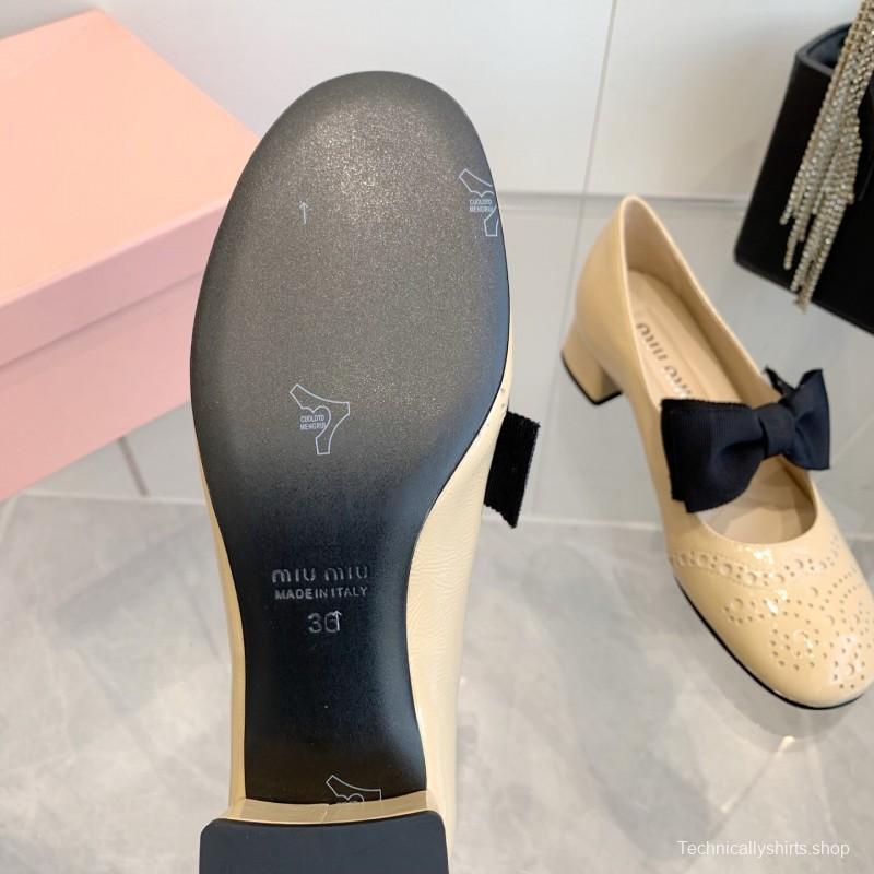 2025 Women Miu Miu Beige Black Leather Mary Jane Bow KFY00280