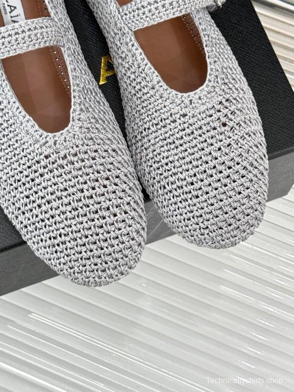 2025 Women AlAIA White Grey Knit Mary Jane Ballet Flat