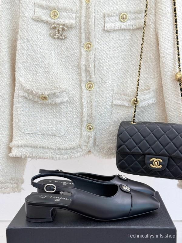 2025 Women Chanel Black Leather Slingback Flats